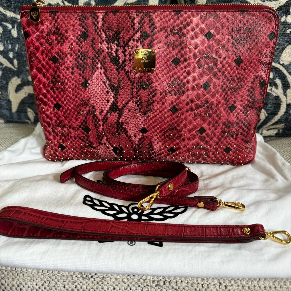 Authentic MCM Snakeskin Embossed Studded Clutch/Sling bag